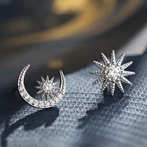 *NEW Sterling Silver Diamond Moon Star Earrings